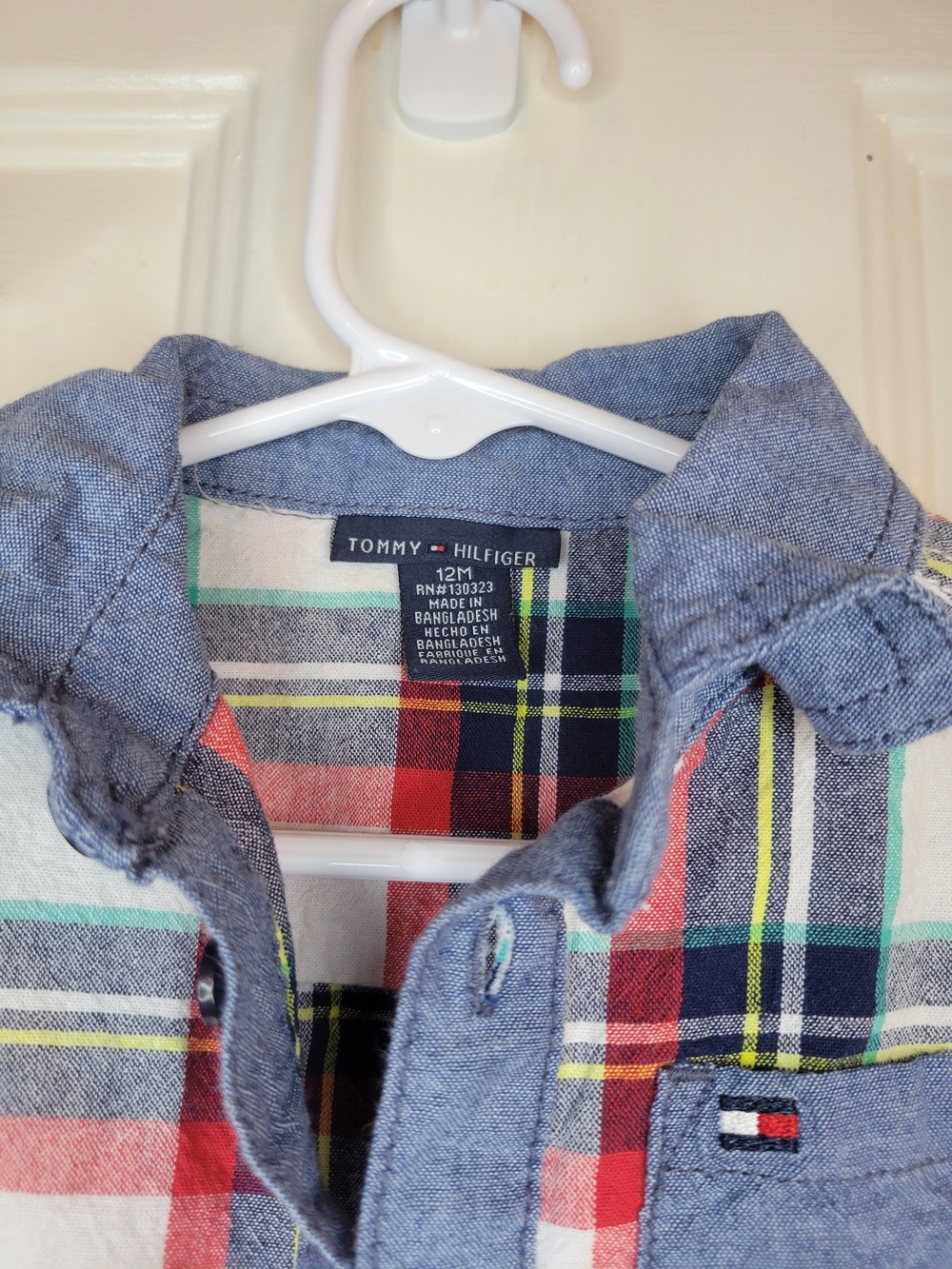 Tommy Hilfiger Blue Chambray & Multicolor Plaid Baby Romper - Picture 3 of 6